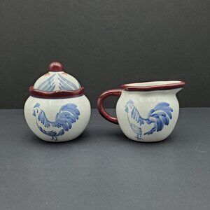 Nantucket Home Rooster Creamer and Sugar Bowl with Lid Blue Rooster Creamer Set